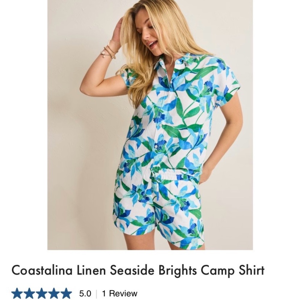 Tommy Bahama coastalina seaside brights Blue and Green Leaf camp Shirt medium